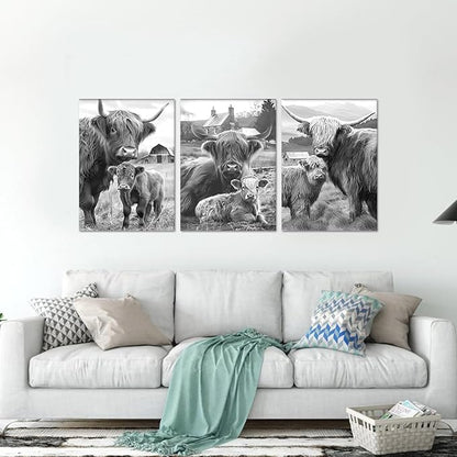Rustic Cow Family Canvas Wall Art 3 Piece Black and White Highland Cow Picture for Bathroom Wall Decor Cute Animal Print Artwork for Country House Gallery Bedroom Decoration 20x28inchx3pcs