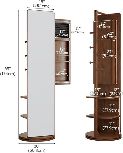69" H×20" W Solid Wood Mirror Jewelry Cabinet,360°Swivel Jewelry Organizer,Jewelry Armoire Cabinet Standing,Full Length Mirror with Storage&Coat Rack,Walnut