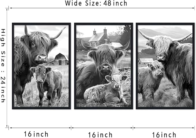 Black White Vintage Highland Cow Framed Canvas Wall Art Farmhouse Highland Cow & Calf Poster for Kitchen Wall Decor Western Country Animals Print Artwork for Gallery Decoration 16x24inchx3pcs