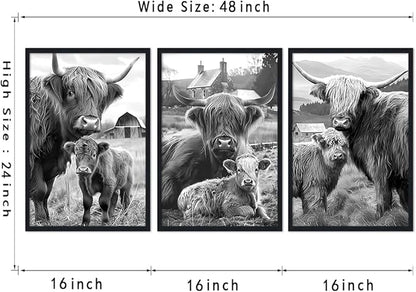 Black White Vintage Highland Cow Framed Canvas Wall Art Farmhouse Highland Cow & Calf Poster for Kitchen Wall Decor Western Country Animals Print Artwork for Gallery Decoration 16x24inchx3pcs