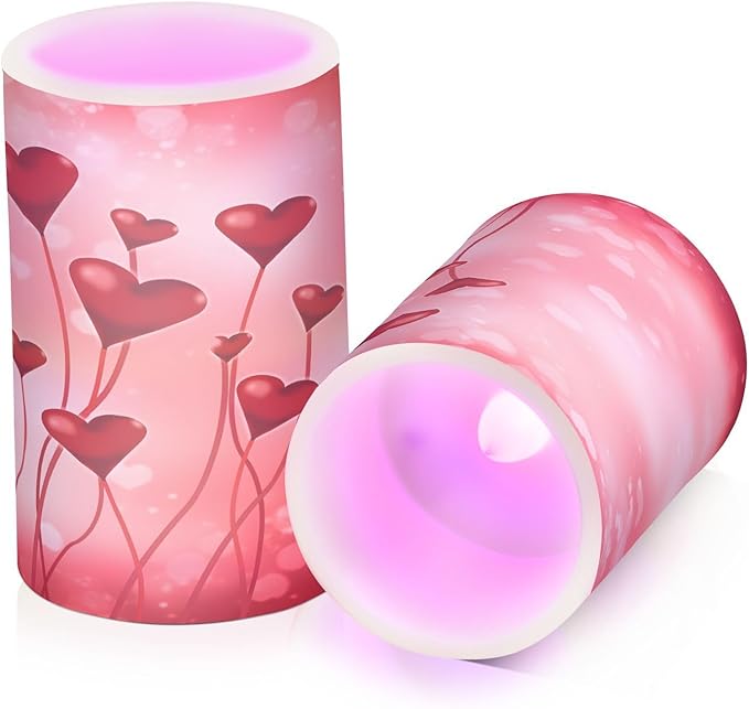 ALAZA Valentine's Day Red Hearts Pink Flickering Flameless Candles Battery Operated with Remote Timer,Tea Light Candles LED Pillar Votive Candles Set of 2 for Outdoor Indoor Decorations03