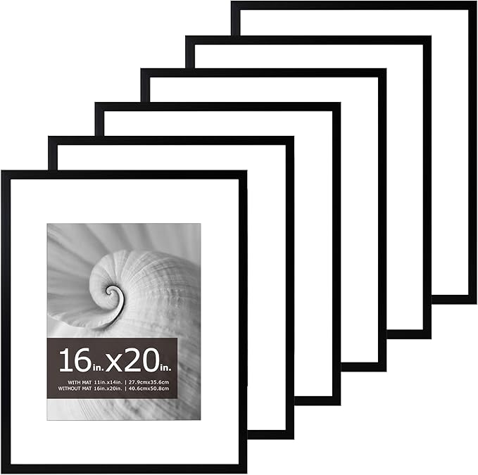 brisafe 16x20 Picture Frames Set of 6, Display Pictures 11x14 with Mat or 16x20 without Mat, Wall Gallery Poster Frames, Mothers Day Gifts, Black