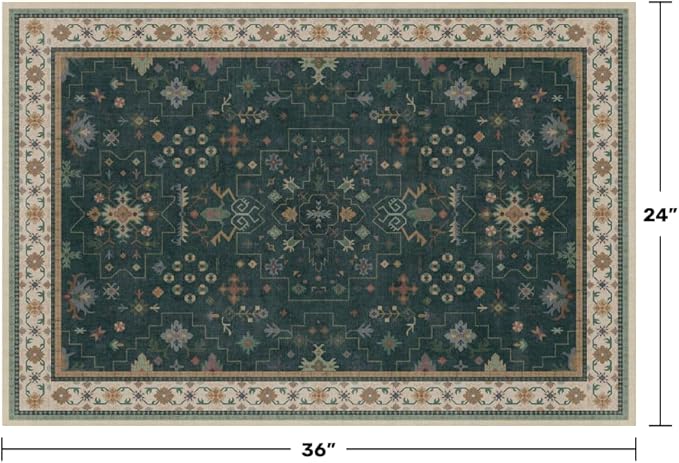 Dark Green 2x3 Door Mat Indoor Entrance Rug - Small Throw Area Rugs for Entryway, Kitchen, Bathroom, Bedroom, Laundry Room - Vintage Boho Eclectic Floral, Washable Low Pile Non-Slip