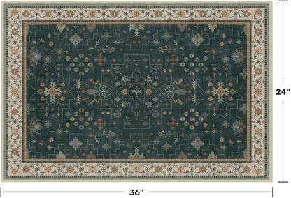Dark Green 2x3 Door Mat Indoor Entrance Rug - Small Throw Area Rugs for Entryway, Kitchen, Bathroom, Bedroom, Laundry Room - Vintage Boho Eclectic Floral, Washable Low Pile Non-Slip