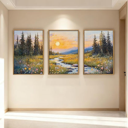 IARTTOP Large Mountain Wall Art Framed 16x24 Inch Abstract Forest Landscape Canvas Wall Decor Nature Scenery Wildflower botanical Artwork for Living room Bedroom Set of 3