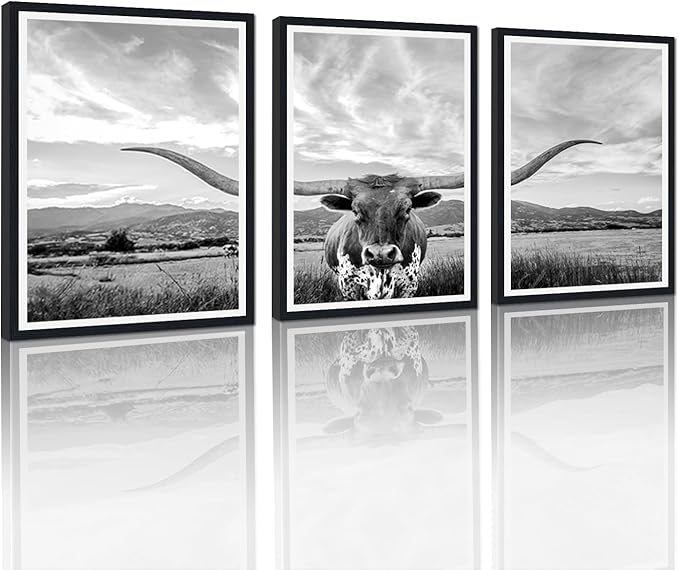 Longhorn Cow Black Framed Canvas Wall Art Black and White Highland Cow Poster Vintage Farmhouse Animal Rustic Art Wall Decor for Country House Apartment Living Room Decor Easy to Hand 12x16inchx3pcs