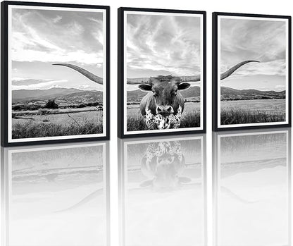 Longhorn Cow Black Framed Canvas Wall Art Black and White Highland Cow Poster Vintage Farmhouse Animal Rustic Art Wall Decor for Country House Apartment Living Room Decor Easy to Hand 12x16inchx3pcs