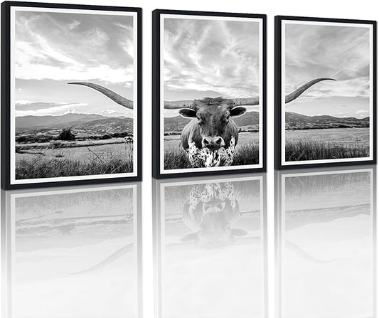 Longhorn Cow Black Framed Canvas Wall Art Black and White Highland Cow Poster Vintage Farmhouse Animal Rustic Art Wall Decor for Country House Apartment Living Room Decor Easy to Hand 12x16inchx3pcs