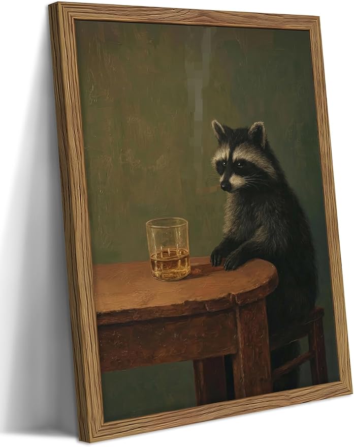 Framed Vintage Raccoon Wall Art, Funny Animal Canvas Wall Decor Paintings, Dark Moody Whimsical Artwork Poster Print Picture for Bar Bathroom Bedroom Living Room 12x16 Inch