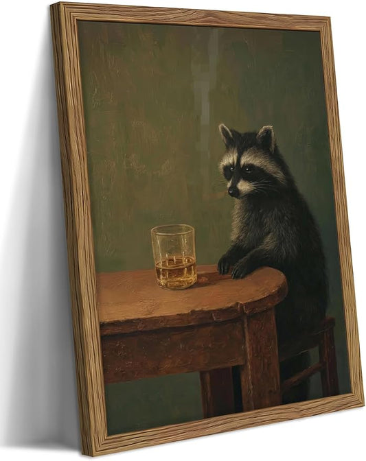 Framed Vintage Raccoon Wall Art, Funny Animal Canvas Wall Decor Paintings, Dark Moody Whimsical Artwork Poster Print Picture for Bar Bathroom Bedroom Living Room 16x24 Inch
