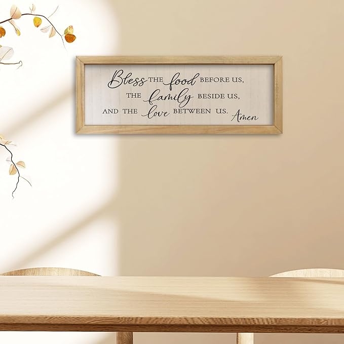 comurdyo Modern Religious Holy Dining Room Bless the Food Before Us Prayer Sign Wall Decor 16"×6" Framed Wood for Small Rustic Minimalist Christian Catholic Kitchen Wall Art Hanging (Wood)