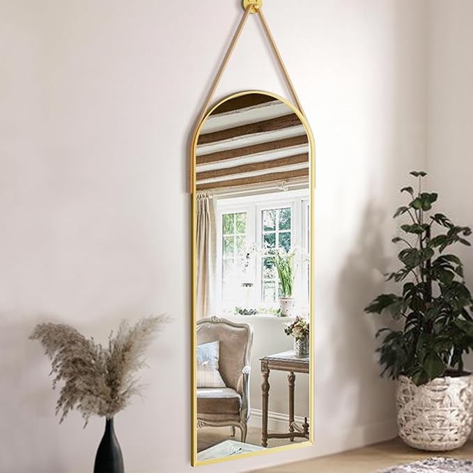 Dewfig 16"x48" Hanging Mirror with Leather Strap,Arched Full Length Mirror with Aluminum Frame Wall-Mounted Hanging Mirrors for Bathroom Vanity Living Room Bedroom Entryway Décor, Gold