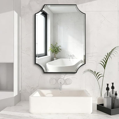 POZINO Rectangle Beveled Mirror, 22"x30" Bathroom Vanity Mirror with Stainless Steel Frame, Modern Aesthetic Scalloped Edge Wall Mirrors for Bedroom Hallway Entryway, Horizontal or Vertical Hanging
