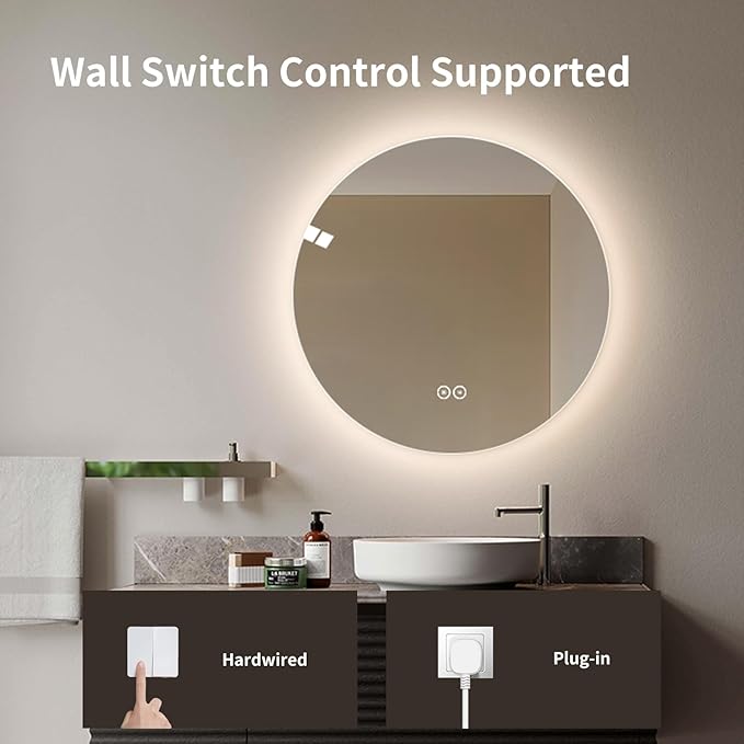 Round LED Bathroom Mirror with Light, Backlit Mirror for Bathroom, Frameless LED Smart Vanity Mirror with 3 Color Lights, Anti-Fog, Smart Touch Button, Shatter-Proof, IP65, 90+ CRI (24" L x 24" W)