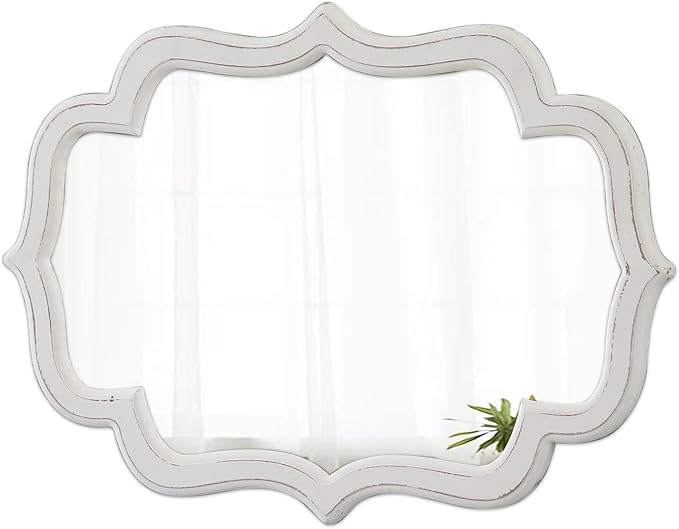 Vintage Oval Wall Mirror 22 X 30 Inch, Hanging Distressed White Scalloped Rustic Wood Wall Mirrors for Bathroom Bedroom Living Room, Farmhouse Entryway Mirror, Horizontal or Vertical