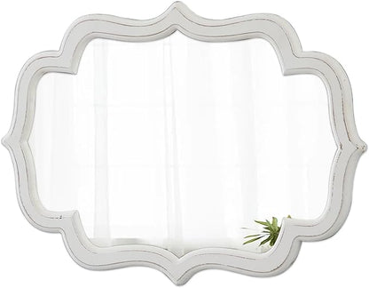 Vintage Oval Wall Mirror 22 X 30 Inch, Hanging Distressed White Scalloped Rustic Wood Wall Mirrors for Bathroom Bedroom Living Room, Farmhouse Entryway Mirror, Horizontal or Vertical