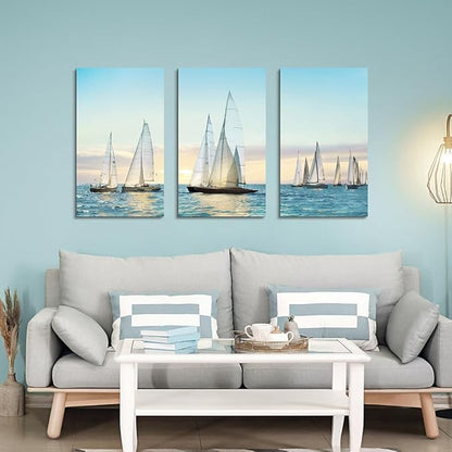 Hardy Gallery sailboat wall art coastal pictures: nautical wall decor sailing artwork blue ocean print in canvas painting for living room 20" x 34" x 3 panels