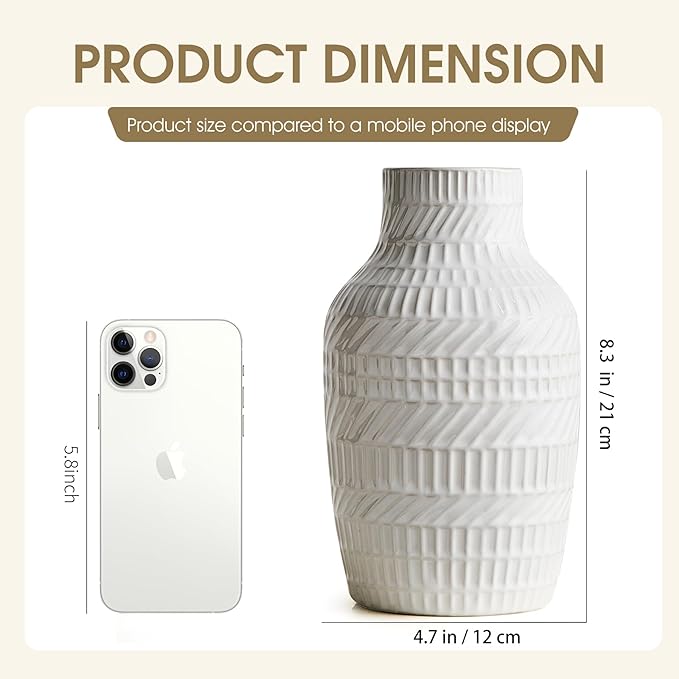 Boho White Ceramic Vase, 8.7" Textured Flower Vase for Home Decor, Minimalist Table Centerpiece for Living Room, Office, Bedroom (White Vase)