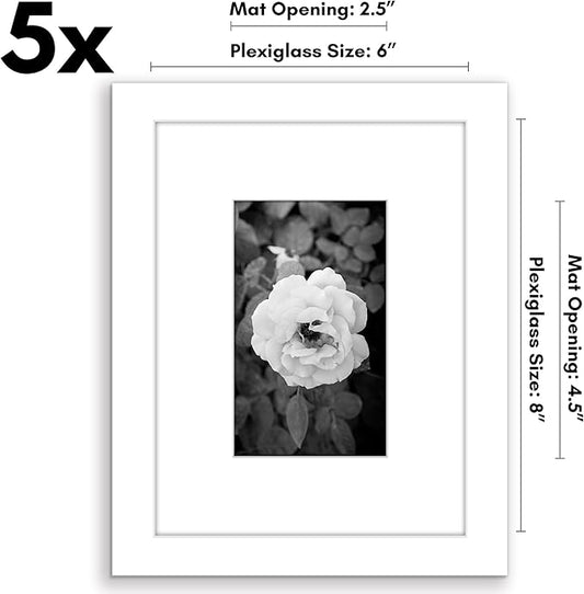 Americanflat 6x8 Picture Frame with Polished Plexiglass - Set of 5 - Use as 3x5 Frame with Mat or Display 6x8 Photo Without Mat - Galleria Collection - Picture Frames for Tabletop and Wall - White
