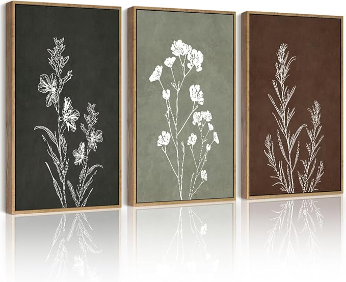 Drsoum Vintage Botanical Flower Boho Framed Wall Art Retro Floral Prints Wildflower Bohemain Neutral Rustic Artwork Kitchen Bedroom Ready to Hang 12x16in Natural Framed