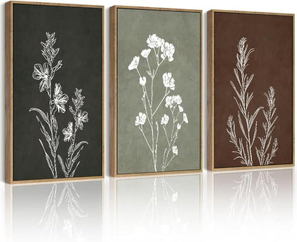 Drsoum Vintage Botanical Flower Boho Framed Wall Art Retro Floral Prints Wildflower Bohemain Neutral Rustic Artwork Kitchen Bedroom Ready to Hang 12x16in Natural Framed