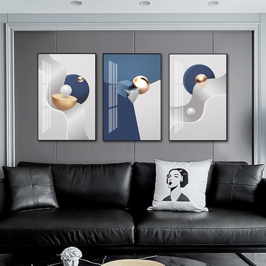 QKF Large Frame Canvas Wall Art Glossy Blue Geometry Modern Living Room, Bedroom, Office Fashion Wall Decoration 3-piece Set of Poster Prints 24 "X 32"
