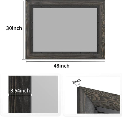 YOSHOOT Rustic Wooden Framed Wall Mirror, 48"x30", Natural Wood and Iron Bathroom Vanity Mirror for Farmhouse Decor, Vertical or Horizontal Hanging