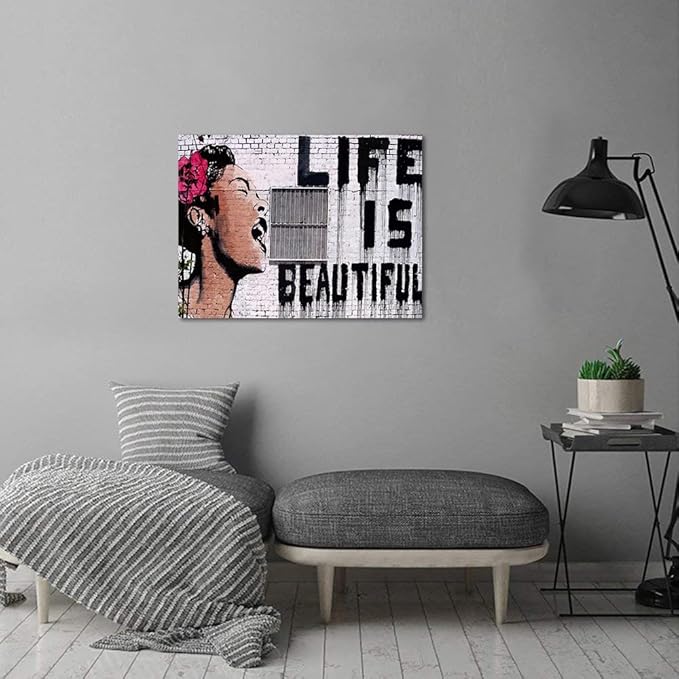 Graffiti Wall Art Inspirational Canvas Art Print Life is Beautiful Graffiti Pop Art Posters for Living Room Bedroom Decoration Stretched and Framed Easy to Hang - 24" W x 18" H