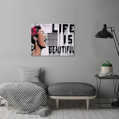 Graffiti Wall Art Inspirational Canvas Art Print Life is Beautiful Graffiti Pop Art Posters for Living Room Bedroom Decoration Stretched and Framed Easy to Hang - 24" W x 18" H