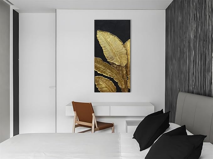 Slyart 100% Hand-Painted 3D Black and Gold Textured Wall Art, Modern Gold Banana Leaf Oil Paintings on Canvas Wall Decor