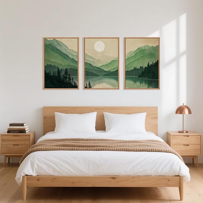 Watercolor Mountains Framed Canvas Wall Art Set, Boho Sun Forests Wall Decor, Green Scenery Wall Painting, Modern Woodland Artworks for Living Room, Bedroom, Dining Room, Office-16 x24 x3