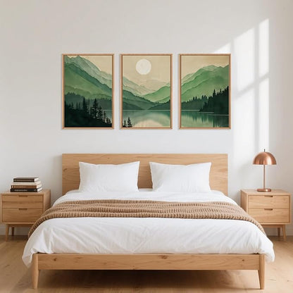 Watercolor Mountains Framed Canvas Wall Art Set, Boho Sun Forests Wall Decor, Green Scenery Wall Painting, Modern Woodland Artworks for Living Room, Bedroom, Dining Room, Office-16 x24 x3