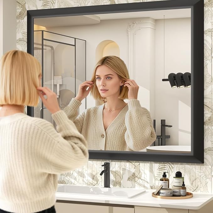 SMIROR Matte Black Bathroom Mirror for Over Sink 48x 40 inch, Metal Thick Frame Rectangle Vanity Mirror for Wall, Anti-Rust, Horizontally or Vertically Mounted