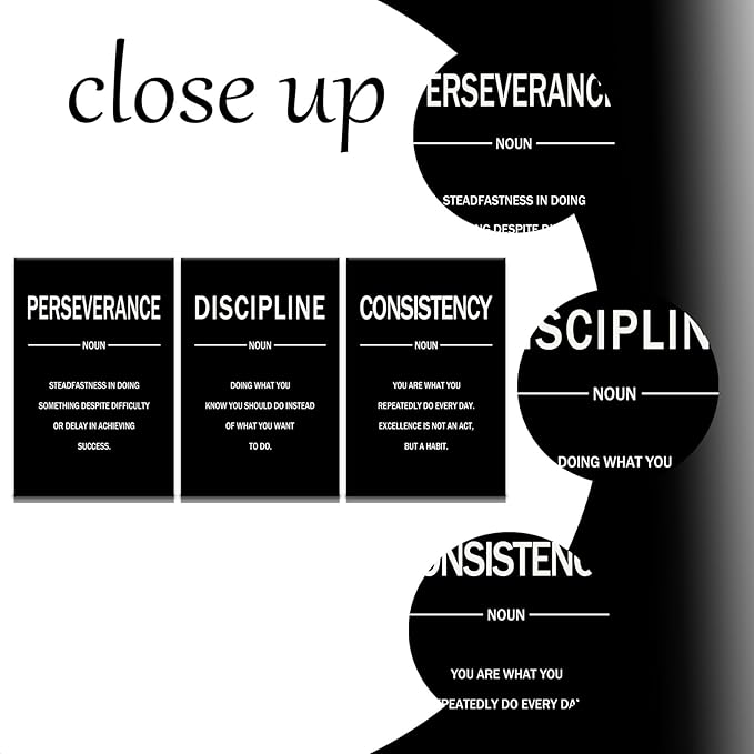 Perseverance Discipline Consistency Posters Inspirational Canvas Wall Art 3 Pieces Motivational Office Wall Decor Painting Artwork for Home Living Room Gym Stretched and Framed [48''W x 24''H]