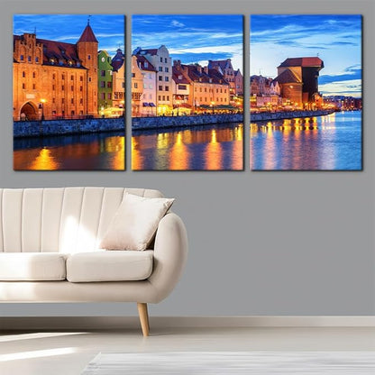Pacimo 3 Pieces Framed Wall Art Decorations Wisla River Landscape Painting Print on Canvas Gdansk Poland Cityscape Wall Art for Home Office Decor Modern Artwork Stretch Ready to Hang - 20"x28"x3