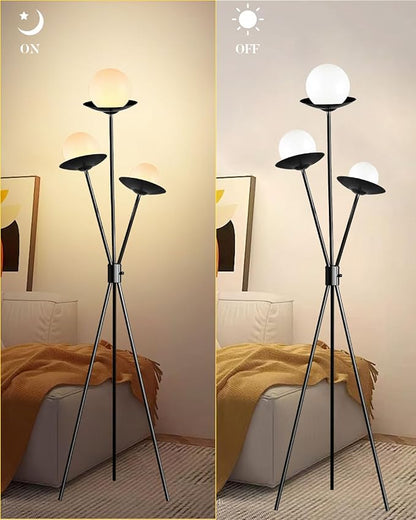 3 Globe Dimmable Tripod Floor Lamp, Mid Century Tree Floor Lamps with 3Pcs 3000K Bulbs Included, Modern Standing Tall Lamp for Living Room Bedroom Home Office Corner-Black