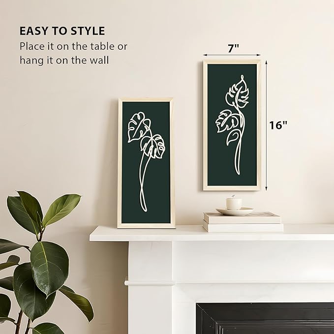 VIYYIEA Wooden 3d Floral Bathroom Wall Decor, Ready-to-Hang Framed Wall Art For Living Room, Bedroom and Office, Boho Botanical Farmhouse Decoration, Lightweight but Valuable Gift (7x16 In, set of 2)