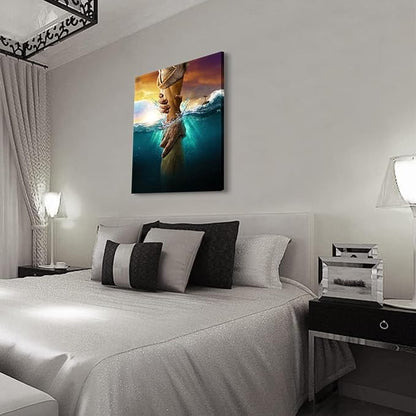 Jesus Christ Canvas Wall Art The Hand of God Jesus Reaching Into Water Christian Painting Prints Biblical Wall Decor Religious Room Decor for Church Living Prayer Bedroom Room Hospitals 12x16In canvas