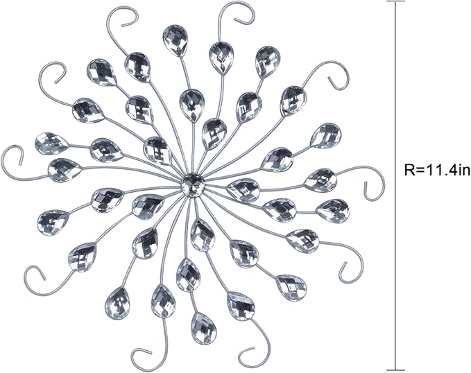 hogardeck Metal Flower Wall Decor, 11" Silver Metal Jeweled Wall Art Bling Crystal Home Décor, Sun Star Burst Rhinestone Wall Hanging Diamond Accents for for Indoor, Outdoor, Living Room, Bedroom