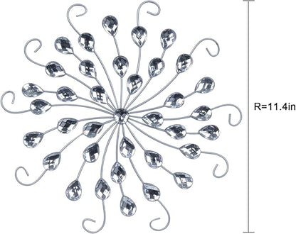 hogardeck Metal Flower Wall Decor, 11" Silver Metal Jeweled Wall Art Bling Crystal Home Décor, Sun Star Burst Rhinestone Wall Hanging Diamond Accents for for Indoor, Outdoor, Living Room, Bedroom
