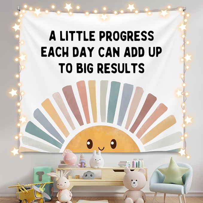 Positive Wall Tapestry-A Little Progress Each Day Inspirational Banner,Soft Flannel Wall Tapestry Decor for Bedroom,Kids Room Decor,Birthday Party Wall Art Decoration 51x59 Inch (Colorful-Progress)