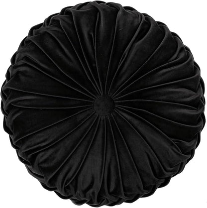 Lush Decor Round Pleated Soft Velvet Decorative Throw Pillow, 1 Count, 15" Diameter, Black - Plush Round Pillow, Seat Cushion, Decorative Pillows for Bed, Couch, Or Chair (Pack of 2)
