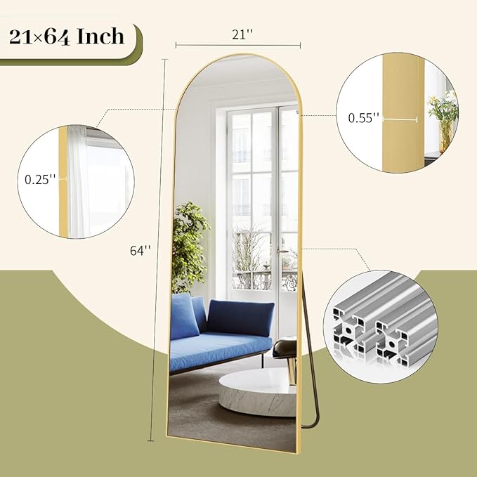 BEAUTYPEAK 64"x21" Full Length Mirror, Arch Full Body Floor Mirror, Wall Mirrors Hanging or Leaning Arched-Top with Stand for Bedroom, Dressing Room, Living Room, Gold