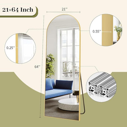 BEAUTYPEAK 64"x21" Full Length Mirror, Arch Full Body Floor Mirror, Wall Mirrors Hanging or Leaning Arched-Top with Stand for Bedroom, Dressing Room, Living Room, Gold