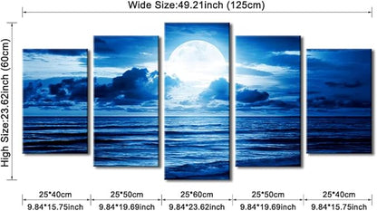 Pyradecor Blue Clouds Canvas Prints Wall Art Moon Sea Beach Pictures Paintings Ready to Hang for Living Room Bedroom Home Decor Modern 5 Piece Stretched Landscape Artwork