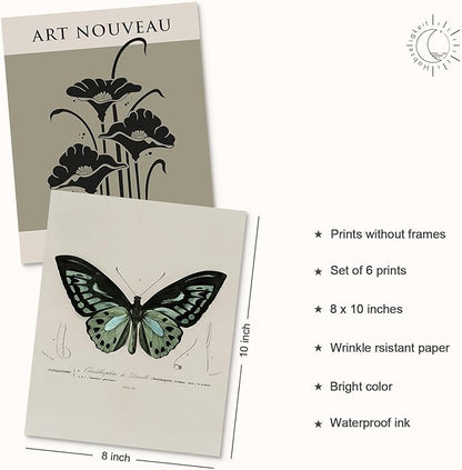 Habseligkeit Green Butterfly Wall Art Prints, Vintage Room Decor, Posters for Girls Room Aesthtic, Girls Dorm Wall Decor Unframed 8x10in Set of 6
