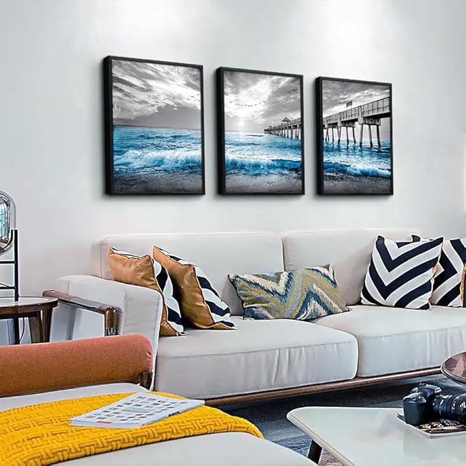 DZRWUBHS Black Framed Wall Decor For Living Room Large Canvas Wall Art For Bedroom Office Wall Decorations Black And White Wall Painting Blue Sea Wave Pictures Artwork For Posters Prints Home Decor