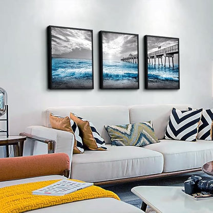 DZRWUBHS Black Framed Wall Decor For Living Room Large Canvas Wall Art For Bedroom Office Wall Decorations Black And White Wall Painting Blue Sea Wave Pictures Artwork For Posters Prints Home Decor