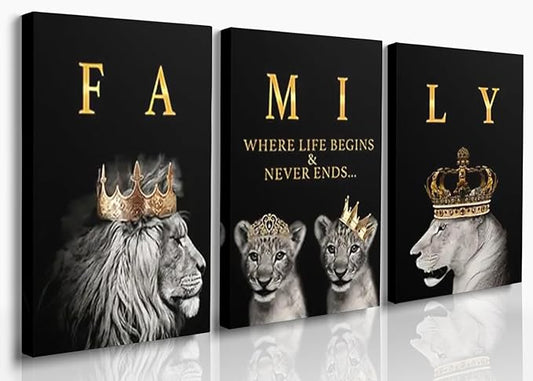 GUBIYU Family Wall Decor - Black Gold Motivational Prints Lions Art for Living & Dining Room - 16"x24"