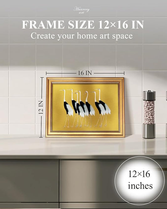 HUARCEY Gold Framed Vintage Wall Art for Living Room, Animals Painting Prints Shelf Decor for Kitchen, Aesthetic Bedroom Wall Art Decor, Christmas Gifts for Friends or Family (Seven Cranes 12"x16")